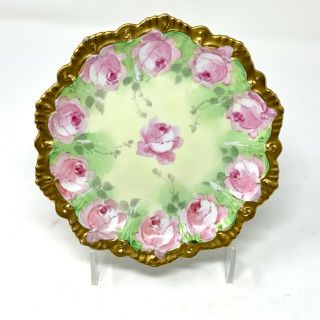 E.  W.  Donath Hand Painted 6.  5 " Plate Antique Pink Roses With Wide Gold Edging