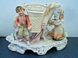6 " Antique German Porcelain Bisque Figurine Figure Girl Boy With Horse Tlc