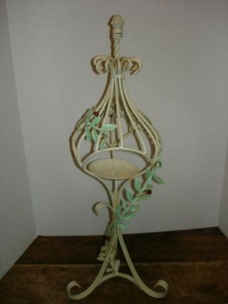 Vintage Metal Art Sculpture Candle Holder Cage Green Vine With Red Berries
