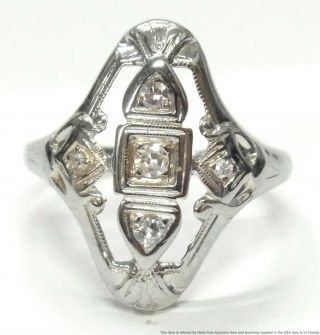 Antique Old Cut Diamond 18k White Gold Ring Long Filigree 3 Stone Art Deco 1930s