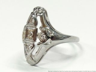 Antique Old Cut Diamond 18k White Gold Ring Long Filigree 3 Stone Art Deco 1930s 2