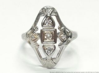 Antique Old Cut Diamond 18k White Gold Ring Long Filigree 3 Stone Art Deco 1930s 3