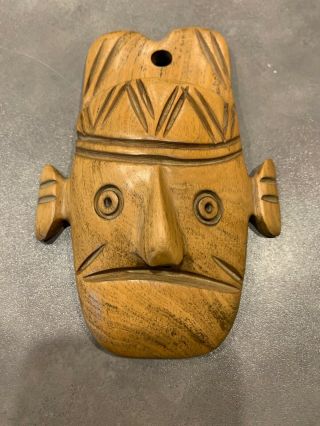 Vintage Wood Carved Tiki Folk Art Soldier Face Mask Wall Hanging Polished