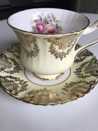 Paragon Tea Cup Saucer Pale Yellow Gold Lace Scrolls Floral Fruits England F68h