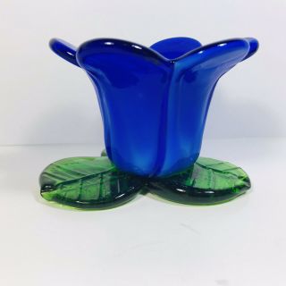 Vintage Art Glass Cobalt Blue Flower With Green Glass Leaves Votive Holder