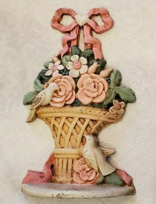 Vintage Springtime Cast Iron Flower Urn / Basket Doorstop - Pink And Green