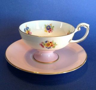 Harleigh Pedestal Tea Cup And Saucer - Pink - Chintz Flower Bouquets - England