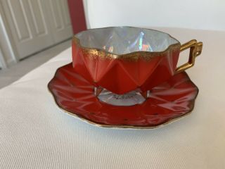 Castle China Japan Red With Gold Mid Century Lusterware Tea Cup & Saucer Unique