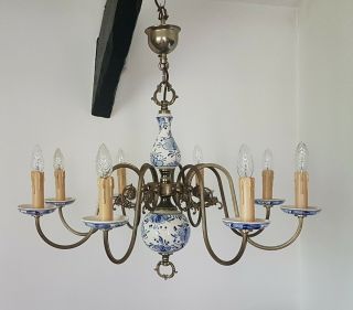 Lovely Large Vintage Dutch Brass And Delft Blue And White Chandelier