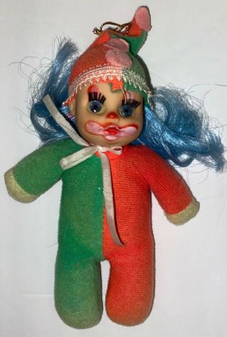 Vintage Bean Bag Clown Doll Ornament With Eyelashes