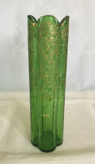 Antique Green Glass Vase W/ Gold Trimmed Enameled Leaves & Vines 9 "