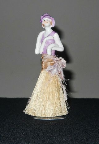 Vintage Germany Marked Porcelain Flapper Half Doll Whisk Broom W/ Stand