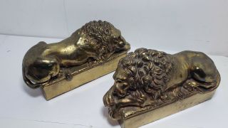 Antique Bookends - Antonio Canova - Lions - Gold Wash - Pot Metal - 7 Inch - Nr