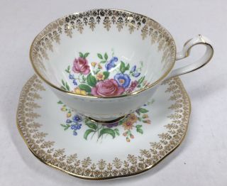 Vintage Tea Cup And Saucer Queen Anne Gold And Rose