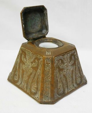 Vintage Bronze Tiffany Studios Egyptian Revival Inkwell With Glass Insert