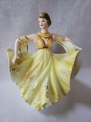 R/b Japan Handpainted Glazed Ceramic Dancing Lady Planter Vase Yellow Dress Gold