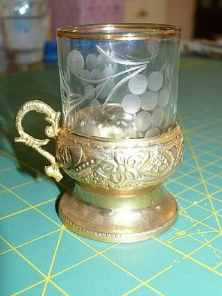 Vintage Brass Tea Cup Glass Holders With Tea Glass