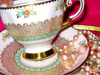 Tuscan Hand Painted Raised Beaded Floral Pink Lime Gold Tea Cup And Saucer