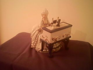 Glazed Porcelain Figurine Lady Playing Piano White Blue Gold Colonial Vintage