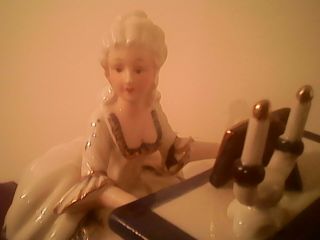 Glazed Porcelain Figurine Lady Playing Piano White Blue Gold Colonial Vintage 2