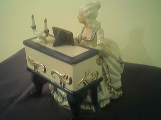 Glazed Porcelain Figurine Lady Playing Piano White Blue Gold Colonial Vintage 3