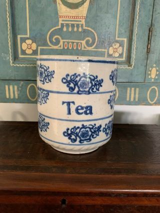Antique Vintage Stoneware Flow Blue White Tea Canister