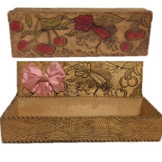 Vintage Lf Grammes & Son Pyrography Wooden Box With Cherries Woman And Bow