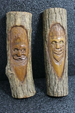 Vintage Hand Carved Tree Wood Art Bearded Man Face 7.  5 " Set 2 Folk Art