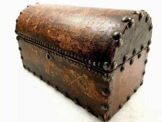 Rare Antique Vintage Leather Covered Studded Old Arched European Map Trinket Box