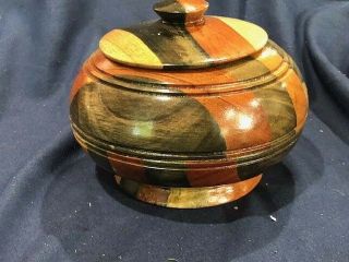 Hand Turned Covered Wooden Round Box With Multi Colored Wood