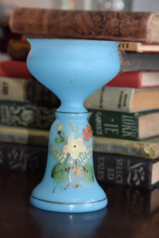 Vintage Antique Victorian Blue Bristol Satin Glass Hand Painted Vase Floral 6 "