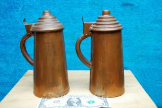 2 Pc Antique Vintage Hand Made Copper Pitchers Mug / Tankard W/ Lids