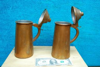2 pc Antique Vintage Hand Made Copper pitchers Mug / Tankard w/ Lids 2