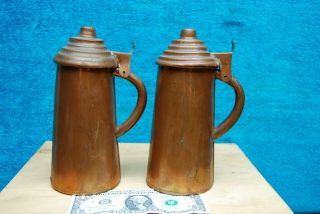 2 pc Antique Vintage Hand Made Copper pitchers Mug / Tankard w/ Lids 3