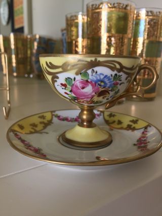 Limoges France Decor A La Main Footed Demitasse Cup & Saucer Yellow Antique