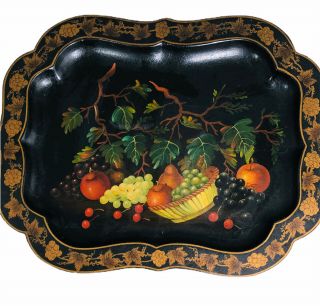 Hand Painted Tole Tray Fruit Basket On Black Vintage Chippendale Style 18 " X 23 "