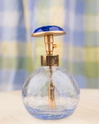 Vintage Crackle Glass Perfume Bottle Golden Spray Pump Devilbiss ? Mid - Century