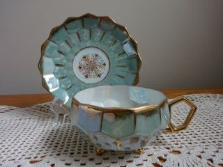 Royal Sealy Lusterware 3 Footed Teacup & Saucer Blue Green Honeycomb Iridescent