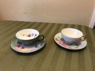 2 Vintage Tea Cup Saucer Purple Floral Hand Painted Signed Porcelain Mc & Cromer