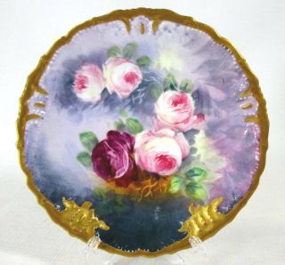 Hand - Painted Limoges Red / Pink Roses Heavy Gold Plate