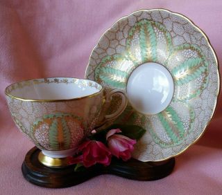 Vintage Tuscan Pink Green & Gold Designed Footed Bone China Tea Cup & Saucer Set