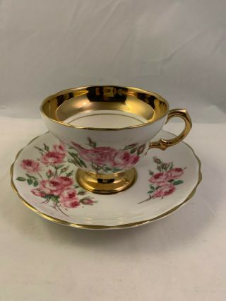 Rosina Queens Chintz Wide Gold Trim W Pink Roses Teacup And Saucer Set