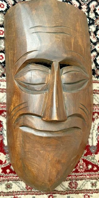 Antique Hand Carved Wooden Face Mask Wall Hanging Sculpture 16x9 Inch