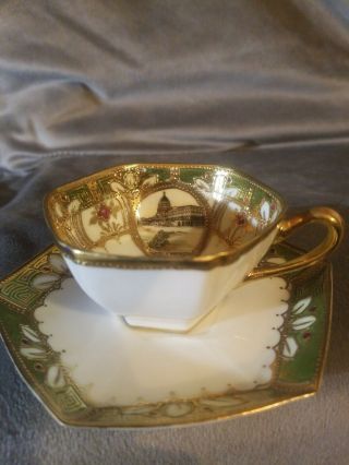 Antique Nippon Hand Painted Six Sided Tea Cup And Saucer W/ Gold Trim