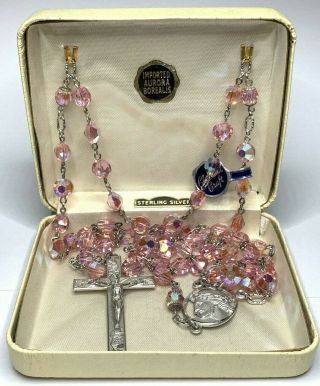 † Old Stock Nwt Vintage Sterling Octagon Flat Disc Pink Rosary 34 1/2 " & Case †