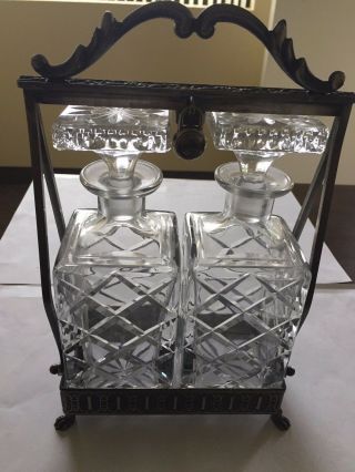 Decanter Set Vintage Glass Alcohol/liquor Decanters In Metal Holder W Lock & Key