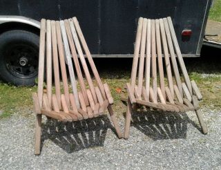 2 Mid Century Modern Wooden Folding Slat Lounge Chair Danish Modern Style Vtg
