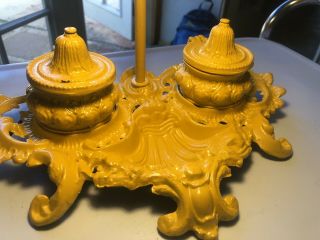 Antique Double Inkwell Lamp Signed " Brite Metal " 30’s Yellow Enamel