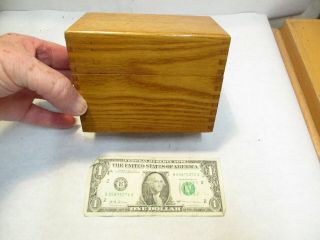 Vintage Oak Wood Index Cards File Box With Hinged Lid & Dovetail Corners - Nr