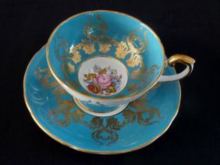 Vintage Aynsley J A Bailey Footed Cabbage Rose Cup & Saucer W/ Gold Scrolls